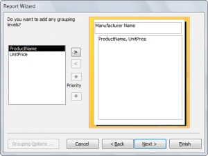   -Referring to the figure above, to group report data by a field, you would click a field, then click the ____ button. A) > B) < C) Back D) Next