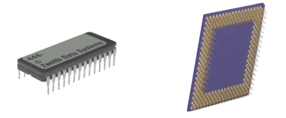 <strong> The accompanying figure represents two types of chip carriers.The one on the right is a ____.</strong> A) PGA B) DIP C) PID D) GAP