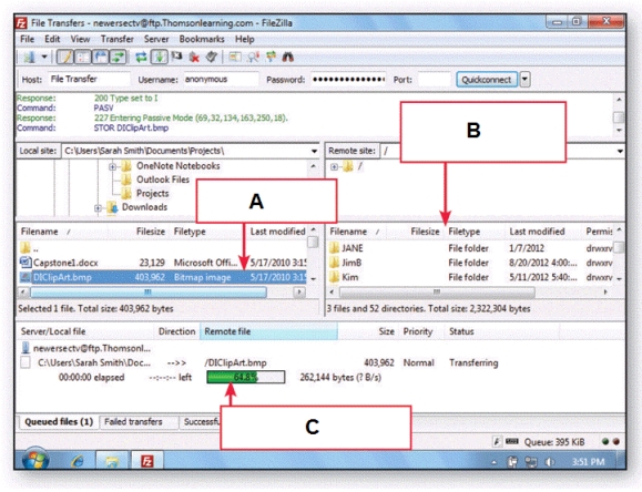   -The accompanying figure is a screenshot of FileZilla,in which the ____ of the transfer is indicated by box C. A)  index B)  resolution C)  progress D)  accuracy