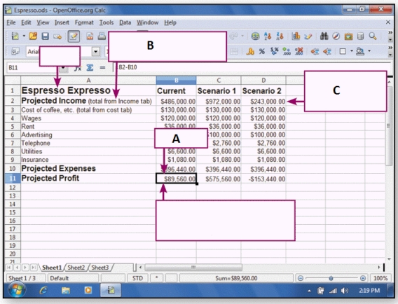   -In the accompanying figure,the item marked C is a(n) ____. A)  formula B)  label C)  value D)  active cell