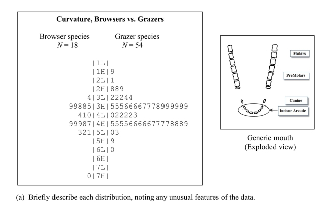 Hoofed animals such as cattle and sheep are classified as browsers (leaf eaters) andgrazers (grass eaters). Some biologists believe that the incisor arcade of the teeth,diagrammed below, is shaped differently for browsers and grazers, affecting theirfood selection. The  curvature  of an incisor arcade is a measure of its shape; largevalues indicate a longer, thinner mouth and small values a shorter, wider mouth. Theback-to-back stem-and-leaf plot below compares the curvatures of incisor arcades fordifferent species of browsers and grazers.   (b) Some biologists believe browsers have thinner mouths because leafed plantsfrequently have thorns and spines. They think that browsers have evolved thinnermouths to get beyond the thorns and spines to the food part of the plant. Are thedata in the back-to-back stem-and-leaf plot consistent with this theory?  Justifyyour answer by appealing to specific aspect(s) of the plot.
