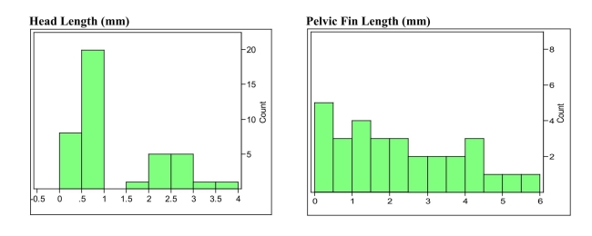 Marine biologists have reported the discovery of a new species of fish in the WesternNorth Atlantic. Data on the head length (n=41) and pelvic fin length (n=30) areshown below.    a) Describe the distributions of these two variables using appropriate statisticalterms. b) The distribution of head lengths appears to be rather strange. What do you thinkmight account for the shape of this distribution?