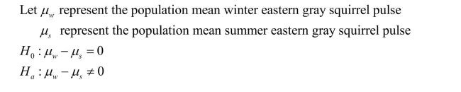 a) The problem states that the approximate normality of pulses is plausible; the t-procedure is appropriate. b) Since the P-value is < .05 we have sufficient evidence for a difference in summer and winter mean pulse in eastern gray squirrels.