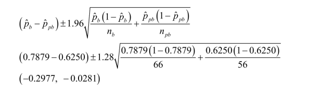 a) Assumption check: There are at least 10 successes and at least 10 failures in both samples.Thus, the large sample procedure (z) is appropriate. b) We are 90% confident that the true difference in population proportions with cavities of basketmakers and post-basketmakers between --0.2977 and -0.0281. c) Since 0 is not in the confidence interval, a conclusion that there was a shift in consumption patterns is reasonable.