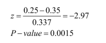 a) b) Since the P-value is very small, the null hypothesis is rejected.There is sufficient evidence at the .05 level of significance to conclude that the population proportion of 2-year-olds who remember to look when away from home is less than 0.35.
