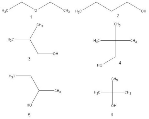<strong>Which of the following is(are)isomer(s)of organic compound with formula C<sub>5</sub>H<sub>12</sub>O? </strong> A)4 B)1 and 2 C)1 and 3 D)6 E)5 and 4