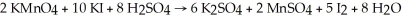 Given the reaction:   How many moles of K<sub>2</sub>SO<sub>4</sub> are produced by allowing five moles each of KMnO<sub>4</sub>,KI,and H<sub>2</sub>SO<sub>4</sub> to react? A) 3 mol B) 1 mol C) 2 mol D) 4 mol E) 5 mol