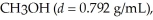 What is the molarity of methanol,   If 150.0 mL is dissolved in enough water to make 4.00 L of solution? A) 3.71 M B) 1.17 M C) 1.48 M D) 0.927 M E) 0.734 M
