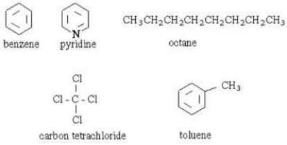 <strong>Which of the following organic substances is most readily soluble in water? </strong> A)benzene B)pyridine C)octane D)carbon tetrachloride E)toluene