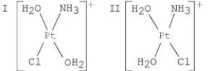 Choose the correct statement about isomers of [Pt(H<sub>2</sub>O) <sub>2</sub>(NH<sub>3</sub>) Cl]Br.   A) I is cis,II is trans. B) The two molecules are the same. C) The two molecules are the same but one is turned over. D) They are not isomers. E) I is trans,II is cis.