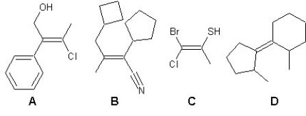 <strong>Find the correct stereochemistries for the following four alkenes: </strong> A)A is Z,B is Z,C is E,D is E B)A is Z,B is E,C is Z,D is E C)A is E,B is E,C is Z,D is E D)A is E,B is E,C is Z,D is Z E)A is Z,B is Z,C is E,D is Z