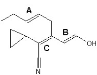 Choose the best configuration assignments for the three double bonds,labeled A,B and C,in the following compound:   A) A is E,B is E,and C is E B) A is E,B is E,and C is Z C) A is Z,B is Z,and C is E D) A is E,B is Z,and C is E E) A is Z,B is E,and C is Z
