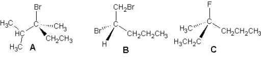 <strong>Provide IUPAC names for the following compounds: </strong> A)A is (3S)-3-bromo-2,3-dimethylpentane,B is (2S)-1,2-dibromopentane and C is (3R)-3-fluoro-3-methylhexane B)A is (3R)-3-bromo-2,3-dimethylpentane,B is (2S)-1,2-dibromopentane and C is (3R)-3-fluoro-3-methylhexane C)A is (3S)-3-bromo-2,3-dimethylpentane,B is (2R)-1,2-dibromopentane and C is (3R)-3-fluoro-3-methylhexane D)A is (3S)-3-bromo-2,3-dimethylpentane,B is (2S)-1,2-dibromopentane and C is (3S)-3-fluoro-3-methylhexane E)A is (3R)-3-bromo-2,3-dimethylpentane,B is (2S)-1,2-dibromopentane and C is (3S)-3-fluoro-3-methylhexane