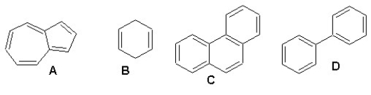 Which of the following four molecules are aromatic?   A) A,C,D B) A,B,D C) B,D D) A,D E) B,C