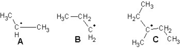Arrange the following radicals in the order of increasing stability:   A) B < A < C B) C < A < B C) A < B < C D) C < B < A E) B < C < A