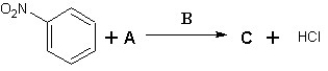 Suggest possible compounds for A,B and C in the following scheme:   A) A is Cl<sub>2</sub>,B is AlCl<sub>3 </sub>and C is meta chloronitrobenzene B) A is Cl<sub>2</sub>,B is FeCl<sub>3 </sub>and C is ortho chloronitrobenzene C) A is Cl<sub>2</sub>,B is FeBr<sub>3 </sub>and C is meta chloronitrobenzene D) A is HCl,B is AlCl<sub>3 </sub>and C is para chloronitrobenzene E) A is Cl<sub>2</sub>,B is AlBr<sub>3 </sub>and C is meta chloronitrobenzene
