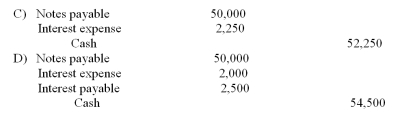 What is the entry to record the payment at the maturity date of the note?     A)  Option: A B)  Option: B C)  Option: C D)  Option: D