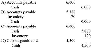 On July 1,B.Darin Company sold merchandise costing $4,500 to S.Dee Company for $6,000,terms 2/10,n/30.Both companies use the perpetual inventory system.S.Dee Company pays the invoice on July 8 and takes the appropriate discount.What is the journal entry that S.Dee Company will make on July 8?   A) Option A B) Option B C) Option C D) Option D