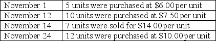 A company uses a weighted-average perpetual inventory system.The following transactions took place during the month of November:   What is the per-unit value of ending inventory on November 30 if this company uses a weighted-average perpetual inventory system? (Round each per unit cost to two decimal points.)  A)  $6.00 B)  $7.00 C)  $8.80 D)  $13.00