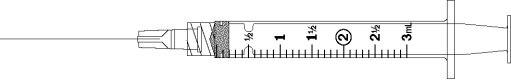 Draw an arrow to point to the volume that corresponds to the dose to be administered with the given equipment. -Administer 1.2 mL.  