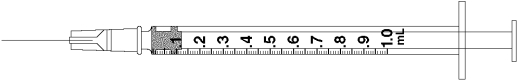 Draw an arrow to point to the volume that corresponds to the dose to be administered with the given equipment. -Administer 0.08 mL.  