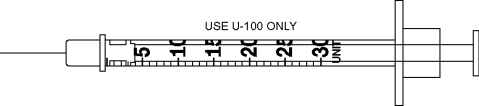Draw an arrow to point to the volume that corresponds to the dose to be administered with the given equipment. -Administer 15 units.  