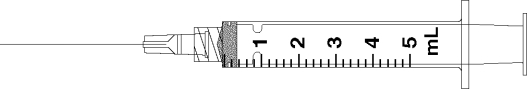 Draw an arrow to point to the volume that corresponds to the dose to be administered with the given equipment. -Administer 4.6 mL.  