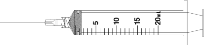 Draw an arrow to point to the volume that corresponds to the dose to be administered with the given equipment. -Administer 17 mL.  