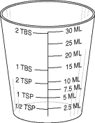 Draw an arrow to point to the volume that corresponds to the dose to be administered with the given equipment. -Administer 2 t.  