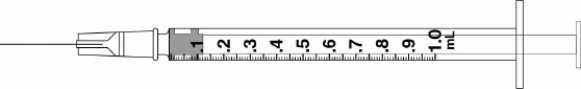 Draw an arrow to point to the volume that corresponds to the dose to be administered with the given equipment. -Administer 0.36 mL.  