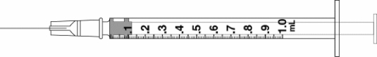 Draw an arrow to point to the volume that corresponds to the dose to be administered with the given equipment. -Administer 0.75 mL.  