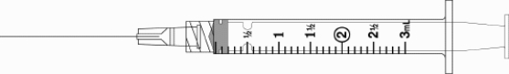 Draw an arrow to point to the volume that corresponds to the dose to be administered with the given equipment. -Administer 1.6 mL.  