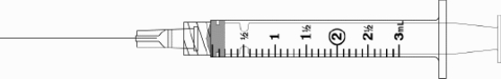 Draw an arrow to point to the volume that corresponds to the dose to be administered with the given equipment. -Administer 2.9 mL.  