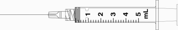 Draw an arrow to point to the volume that corresponds to the dose to be administered with the given equipment. -Administer 3.8 mL.  