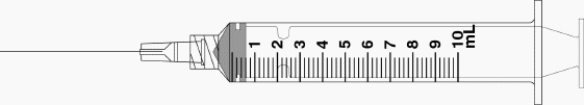 Draw an arrow to point to the volume that corresponds to the dose to be administered with the given equipment. -Administer 5.6 mL.  
