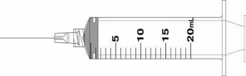 Draw an arrow to point to the volume that corresponds to the dose to be administered with the given equipment. -Administer 15 mL.  