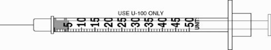 Draw an arrow to point to the volume that corresponds to the dose to be administered with the given equipment. -Administer 12 units of insulin.  
