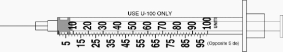Draw an arrow to point to the volume that corresponds to the dose to be administered with the given equipment. -Administer 80 units of insulin.  