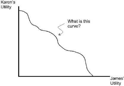 The curve in the diagram is called:   A) the contract curve. B) the utility possibilities frontier. C) the production possibilities frontier. D) the production contract curve.