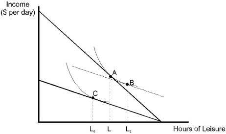   Figure 14.2 A consumer's original utility maximizing combination of income and leisure is shown in the diagram above as point A.After a wage decrease,the consumer's utility maximizing combination changes to point C. -Refer to Figure 14.2.The income effect of the wage decrease on the amount of hours of leisure is: A) L<sub>0</sub> to L<sub>1</sub>. B) L<sub>0</sub> to L<sub>2</sub>. C) L<sub>1</sub> to L<sub>2</sub>. D) L<sub>2</sub> to L<sub>1</sub>. E) none of the above