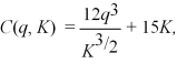 Cogswell Cogs short-run cost function is:   where q is the number of cogs produced and K is the amount of robot hours used.Currently,Cogs uses 16 robot hours to produce 300 cogs.What happens to the average total cost of producing 300 cogs if Cogswell increases robot hours to 25?