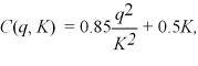 Apu leases 2 squishy machines to produce 40 squishies in the short run.Apu's short-run cost function is:   where q is the number of squishies produced and K is the number of squishy machines used.Apu's long-run cost function is:   If Apu decides to lease 7 squishy machines,what happens to Apu's short-run average total cost of producing 40 squishies? Does Apu's long-run cost function exhibit increasing,constant,or decreasing returns to scale?