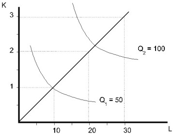   Figure 6.3 -Refer to Figure 6.3.The situation pictured is one of A) constant returns to scale,because the line through the origin is linear. B) decreasing returns to scale,because the isoquants are convex. C) decreasing returns to scale,because doubling inputs results in less than double the amount of output. D) increasing returns to scale,because the isoquants are convex. E) increasing returns to scale,because doubling inputs results in more than double the amount of output.