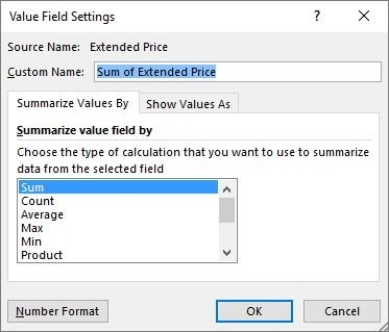 What would you do to format all values as Currency in the Sum of Extended Price field no matter how you pivot the data?   A) Select Product. B) Select Number Format and choose Currency in the list of options and then click OK. C) Click the Show Values As tab and select Currency in this list and then click OK. D) Click cancel and select the cells and then format as Currency on the Home tab.