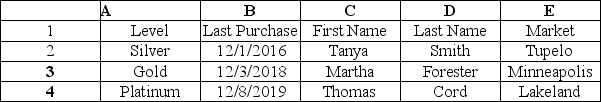 This is the first 4 lines of an excel list of 3082 records. Which formula counts the number of Gold Level Members in the entire list?   A) =COUNTIF(A2:A3083, Gold )  B) =COUNTIFS(A2:A3083, Gold )  C) =COUNTIF(E2:E3083, Gold )  D) =COUNTIFS(A2:E3083, Gold ) 