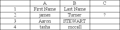 What would be the return of the following function in C2?   =CONCATENATE(A2,   ,B2)  A) jamesturner B) JAMES C) james Turner D) jamesTurner
