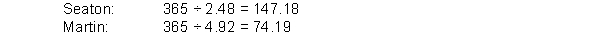 As a loan officer, there should be concern about the potential borrower's ability to meet its debts as they come due. Since both companies are requesting only nine-month loans, you should be interested in the potential borrowers' short-term solvency. Therefore, you would examine their current ratios and quick ratios. Further, you would consider the effect of the potential loan on these ratios. The current ratio is calculated as current assets divided by current liabilities.   It appears that both companies have more than sufficient current assets to meet their current obligations, including the new loan. However, some current assets, such as prepaid expenses and inventory, are not near-cash assets. Thus, a better measure of a potential borrower's ability to meet its current obligations is the quick ratio. This ratio is calculated as the sum of cash, marketable securities, and accounts receivable divided by current liabilities. Again, the effect of the new loan should be considered.   Based on the quick ratio, Martin appears to be a much better risk than Seaton. Martin has approximately 2.5 times more near-cash assets available than Seaton to meet its current obligations. Therefore, Martin does not have to rely as heavily on converting other assets to cash as Seaton does to meet its obligations. The company that can most readily convert its inventory and receivables to cash might be the better risk. Two possible measures of a company's ability to generate cash from its receivables and inventory are the turnover and number-of-days ratios. Receivables turnover is calculated as net credit sales divided by average accounts receivable, and the number of days for receivables is calculated as 365 divided by the receivables turnover. Receivables turnover:   Number of days:   These ratios indicate that Seaton, on average, collects its receivables 27 days quicker than Martin. Therefore, Seaton can more easily convert its receivables to cash than Martin can. Inventory turnover is calculated as cost of goods sold divided by average inventory, and the number of days is calculated as 365 divided by inventory turnover. Inventory turnover:   Number of days:   These ratios bode well for Martin. Martin sells its inventory, on average, 73 days sooner than Seaton sells its inventory. This difference implies that Martin generates more sales which, in turn, implies that it generates more accounts receivable. Although Martin does not turn over its receivables as often as Seaton, it has a larger amount of receivables to turn over. Thus, Martin potentially has more assets that can easily be converted into cash than Seaton. Based upon Martin's superior quick ratio and potential ability to generate cash from its larger receivables base, the recommendation should be that the bank grants the loan to Martin. BT: AN