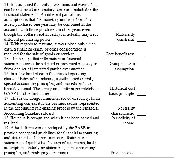 Match the accounting terms with the descriptions by entering the proper number.       