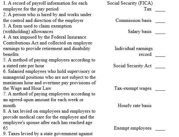 Match the accounting terms with the description by entering the proper number.     