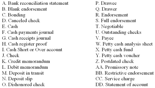 Match the accounting terms with the description by entering the proper letter in the space provided.    
